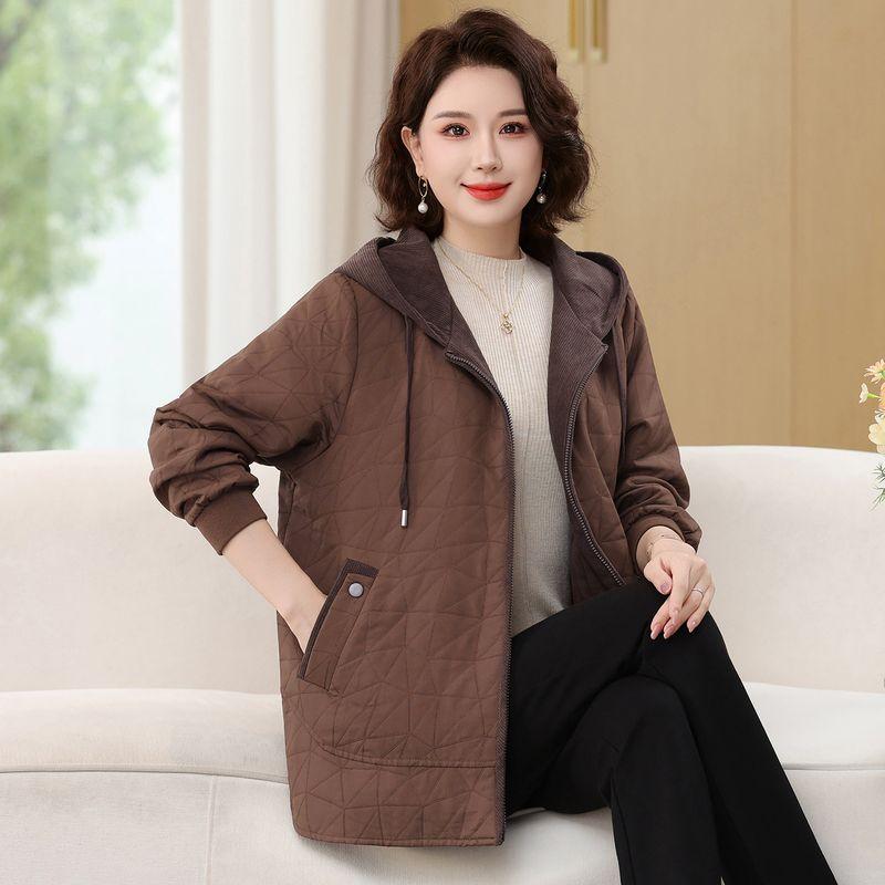 Autumn Style Quilted Thin Cotton Jacket, Spring and Autumn Hooded Loose Short Baseball Jacket, Casual Outerwear for Middle-Aged and Elderly Mothers