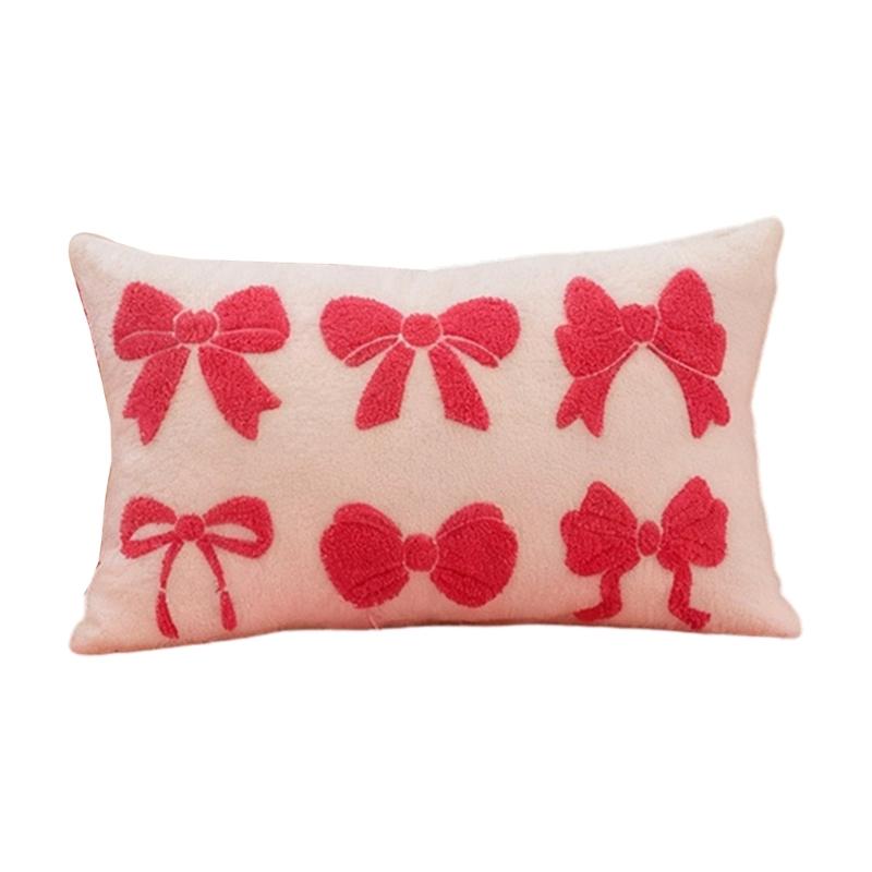 

Throw Pillow Case with Tufted Embroidered Bows Design Decorative Cushion Cover for Elegant Living Room Bedroom Decors 30x50CM рожевий