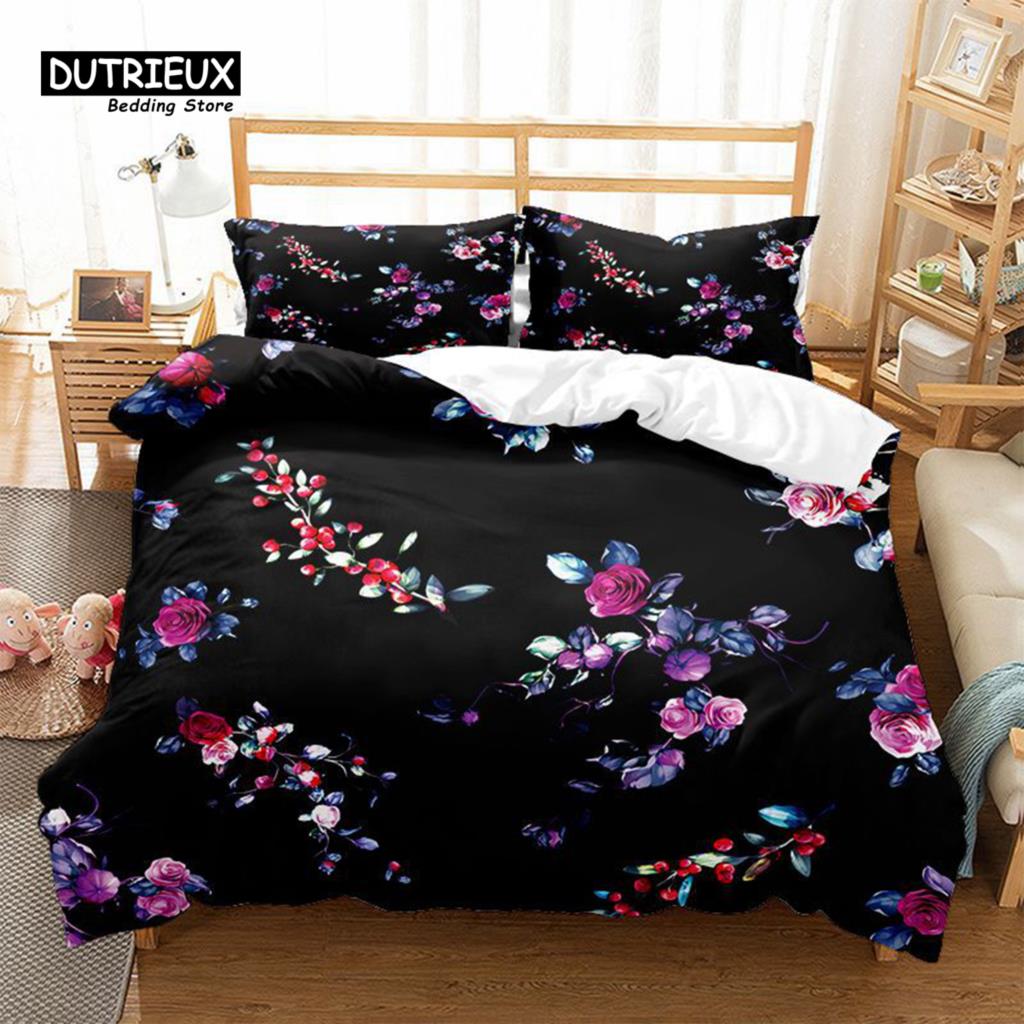 Floral Bedding Set Botanical Duvet Cover Queen Soft Boho Rose Flowers Leaves Print Comforter Cover For Kids Teens Adults Decor