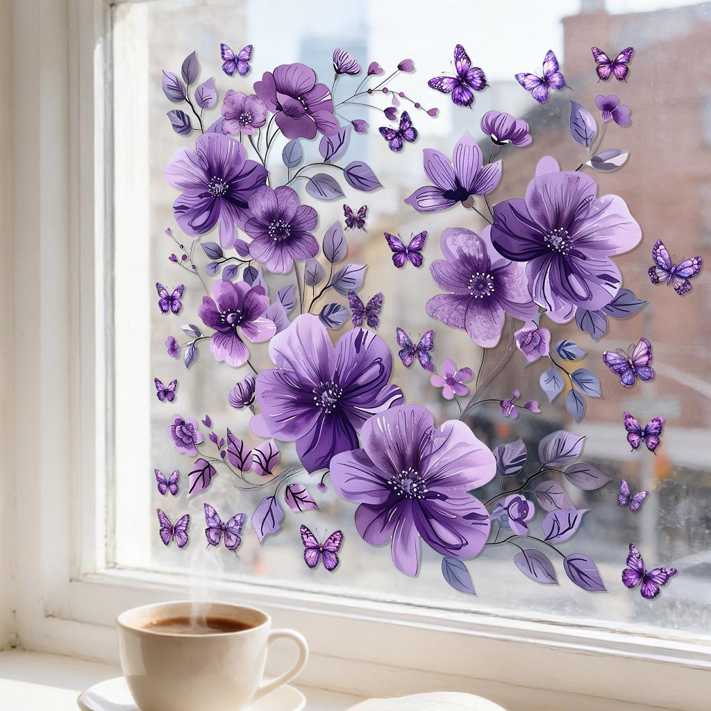 Purple Floral Butterfly Wall Stickers, Removable Anti-Static Waterproof Self-Adhesive PVC Decals for Living Room Bedroom Home Decor