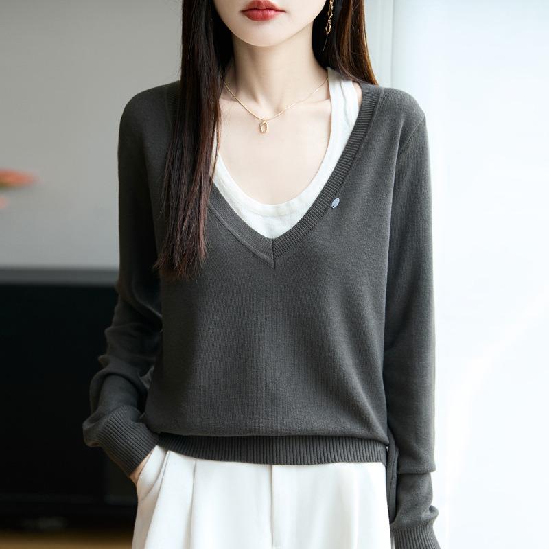 Women S V Neck Fake Two Piece Knit Sweater Long Sleeve Casual Top