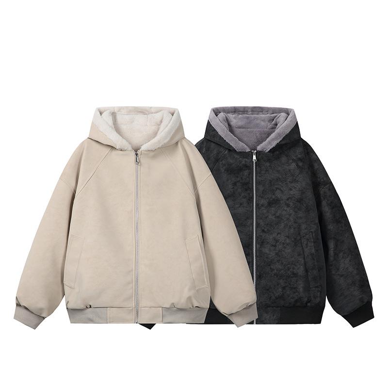 Zuo Shan Diao Winter Leather Jacket with Fur Collar - Couple Style, Plush Velvet, Thickened Cotton, Lychee Pattern