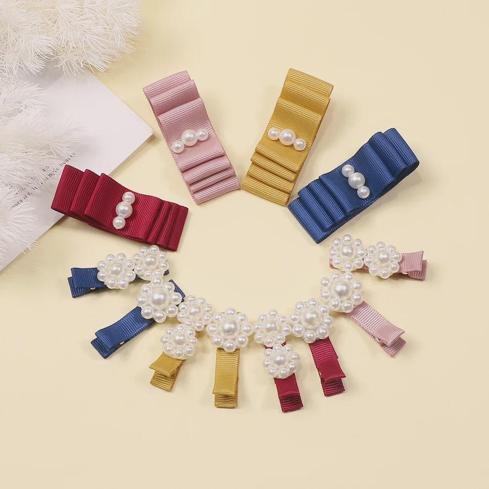 Girls' Handmade Pearl Bow Hairpin and Ribbon Bangs Clip