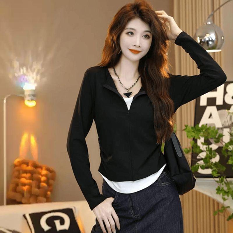 

Women s Plus Size Slim Fit Patchwork Color Block Long Sleeve Zipper Top - Autumn Fake Two-Piece Style L чорний