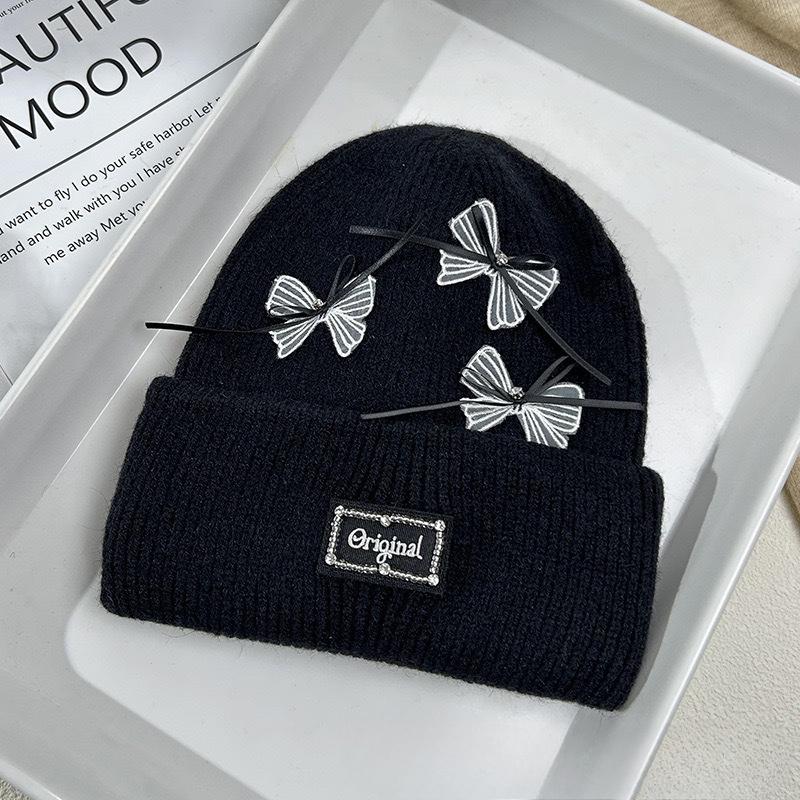 Japanese Sweet Bow Wool Hat for Women In Winter Versatile Big Head Circumference Warmth Thickened Soft and Glutinous Knitted Hat