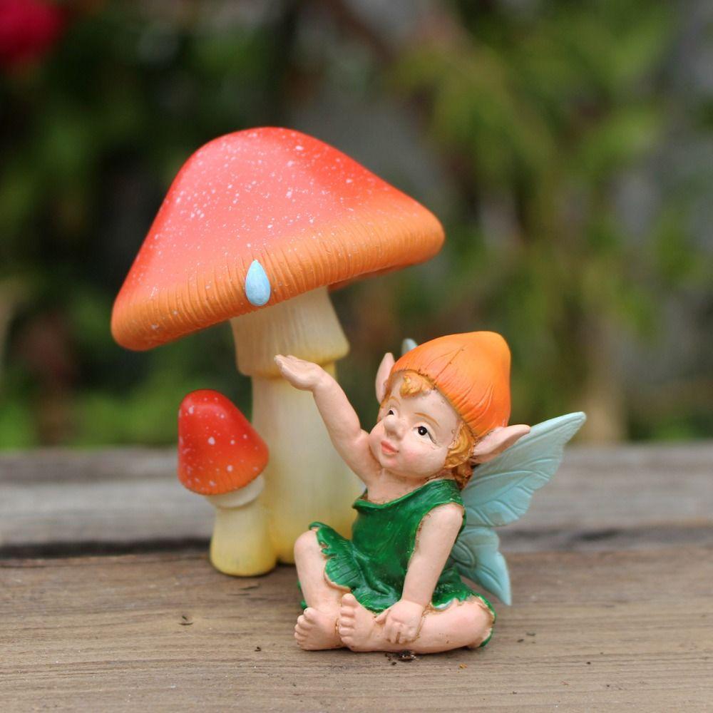 Resin Mushroom Fairy Statue Cartoon Miniature Figurine Sculptures Mushroom Doll Set  Gift