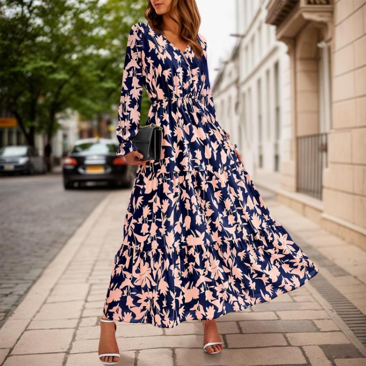 Vestido Maxi Floral Manga Longa Decote V Boêmio Vestido para Convidada de Casamento Casual Feminino