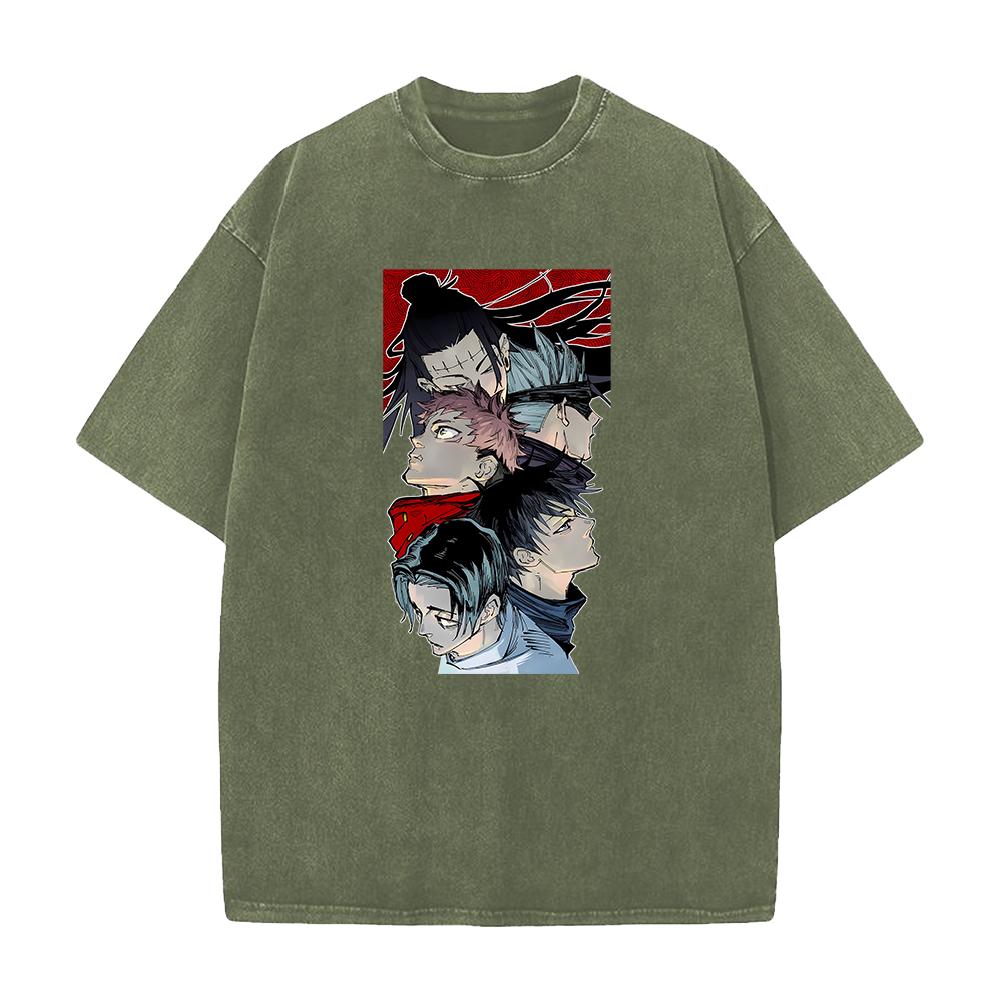 Anime Jujutsu Kaisen Itadori Yuji Fushiguro Megumi Print T-shirt Men Casual Tshirts Vintage Washed Tee Harajuku Cotton T Shirt