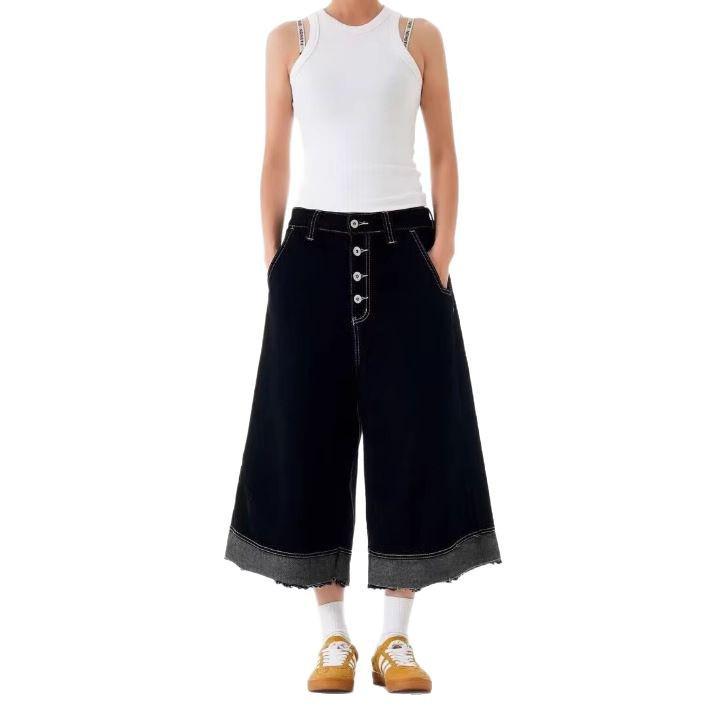 American Retro Patchwork Raw Edge Wide-Leg Culottes for Women