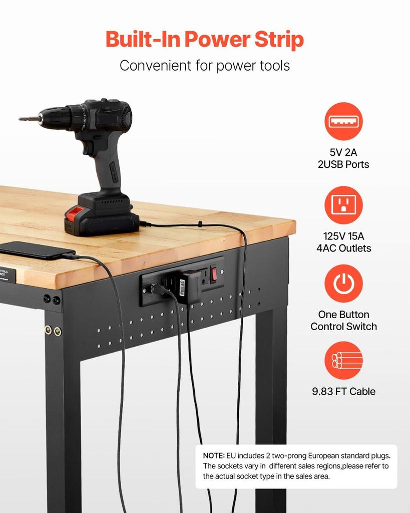 48" Workbench on Wheels Adjustable Height Table with Power Outlet & Pegboard