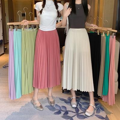 Simple Multi-Color New Skirt High Waist Slimming Solid Color Drape Mid-Length Pleated Skirt