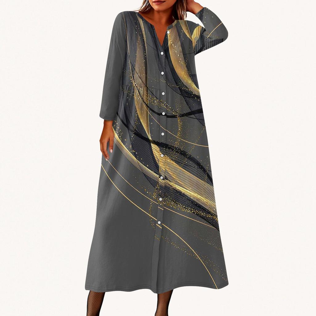 Women's Fashionable Printed Round Neck Seven Quarter Sleeve Button Loose Shirt Dress