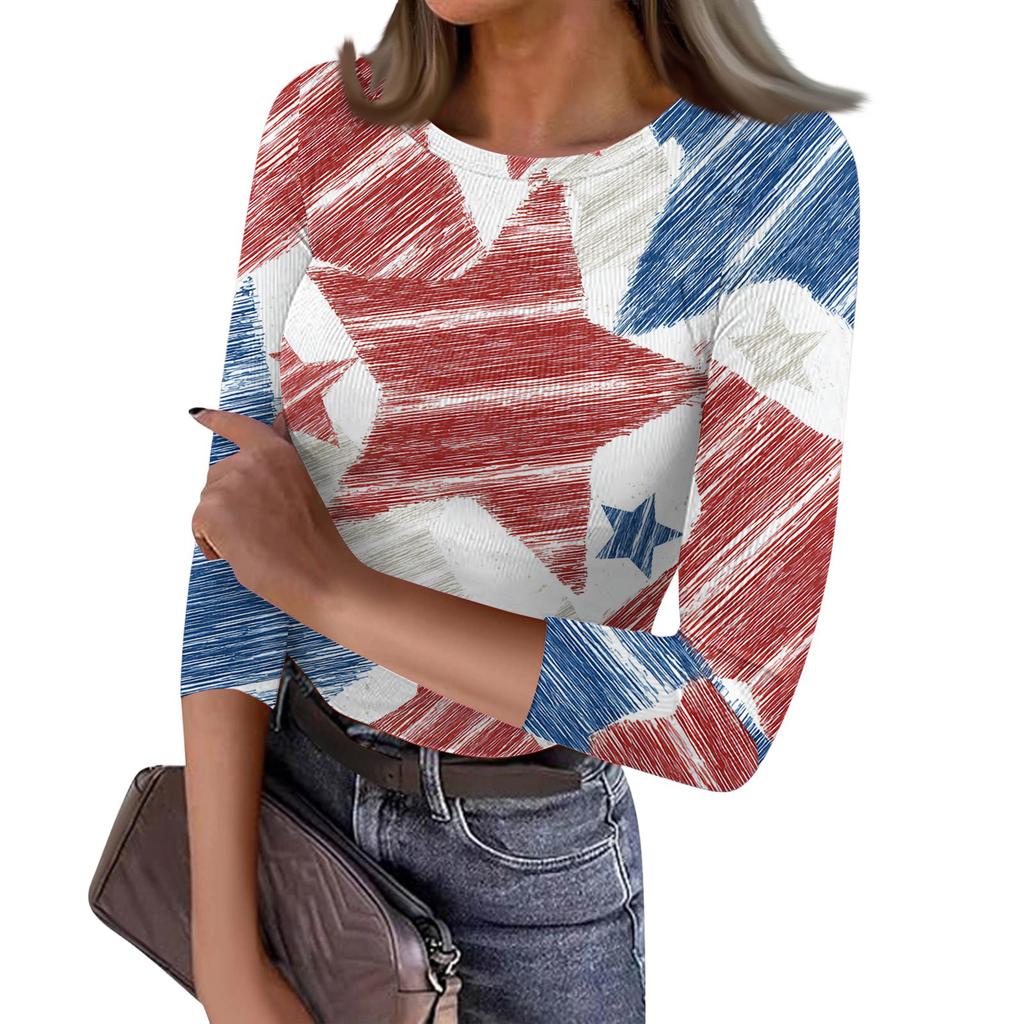 Women's Casual Fashion Round Neck Independence Day Print Three-Quarter Sleeve Ribbed Top
