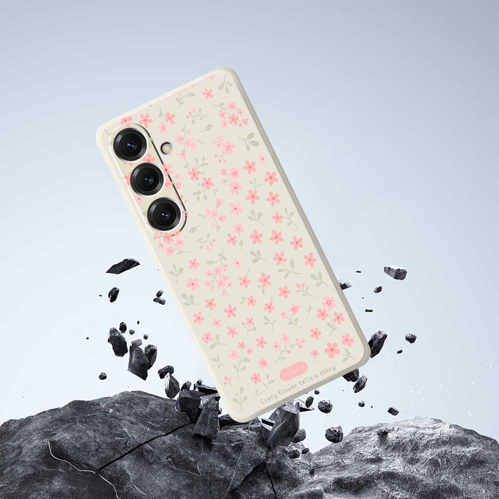 For Samsung Galaxy S25 Case Pink Small Flowers Pattern Printing Straight Edge TPU Phone Back Cover