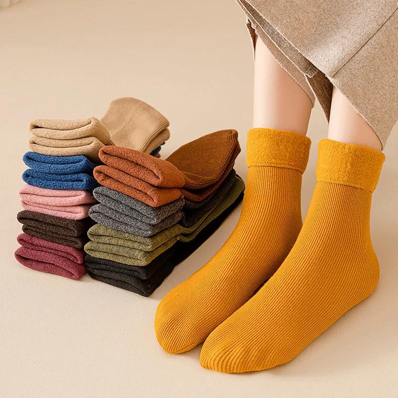 5 Colors Women's Solid Color Socks Autumn and Winter Thick Plush Warm Mid Tube Socks Snow Socks