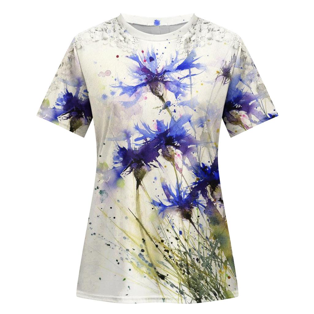 Women's Fashion Lace Hollow Print Round Neck Short Sleeve T-shirt Top