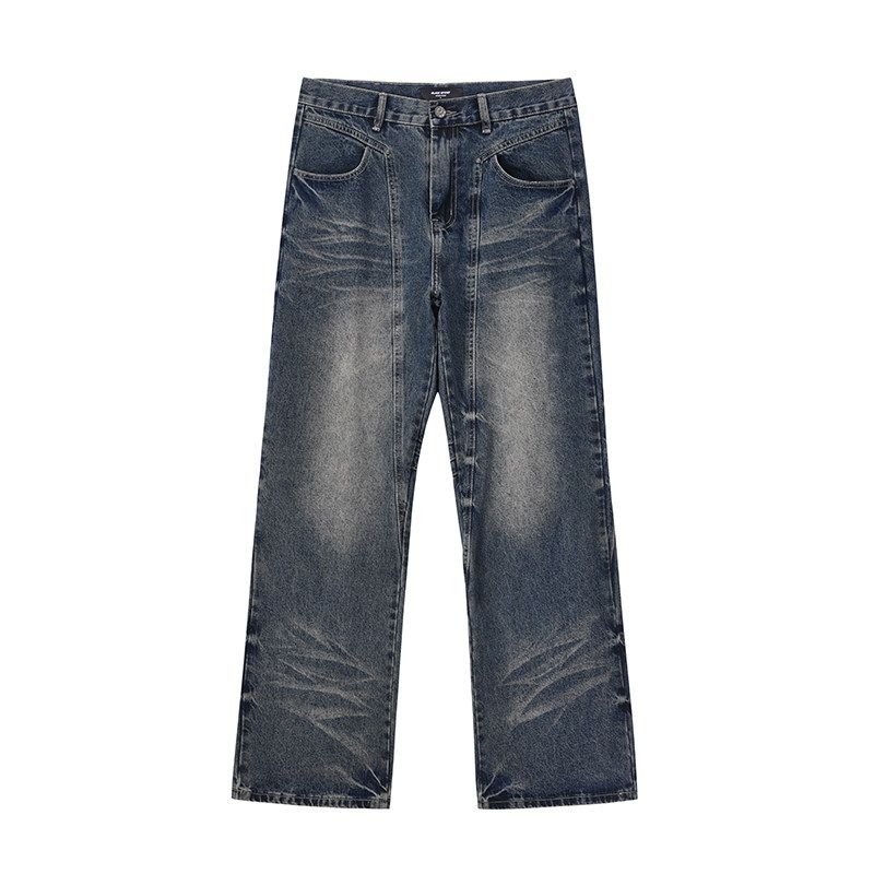 

Blackofexit Chinese Style Three-Dimensional Patchwork Straight-Leg Jeans for Men, American Retro Washed Whiskered Loose Long Pants Blue L