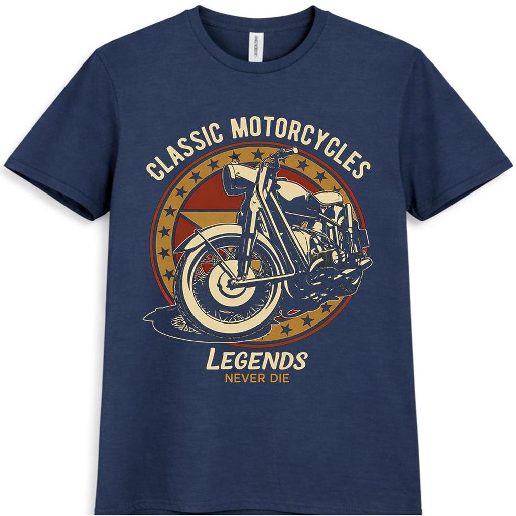 Classic Motorcycle T-Shirt, Vintage Bike Graphic, Legends Never Die Biker Design.
