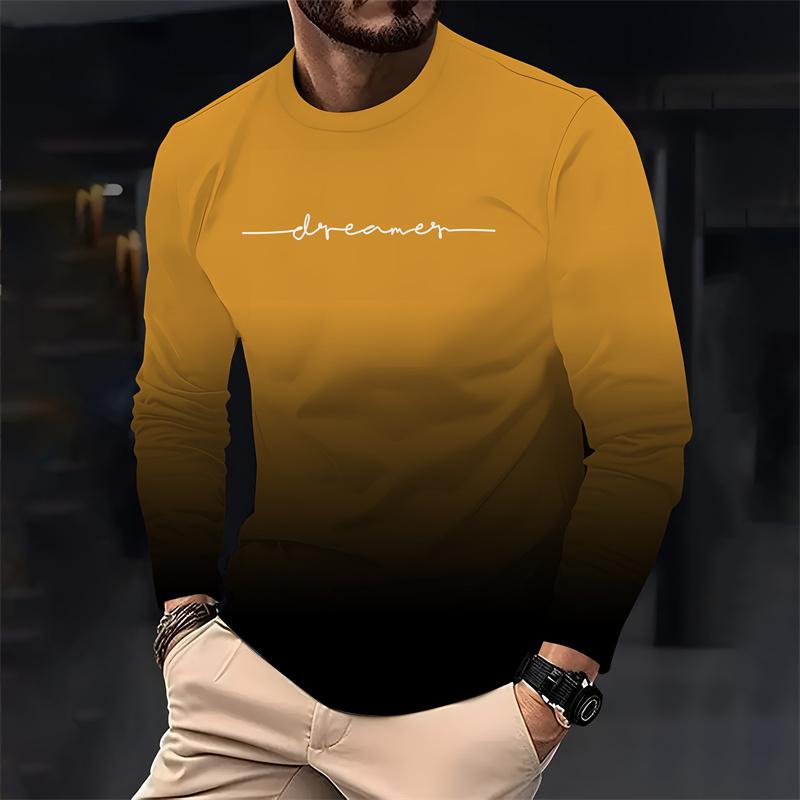 Men's Gradual Casual Long-sleeved T-shirt Simple Fashion Letter Print Loose T-shirt Youth Comfortable Crewneck Top