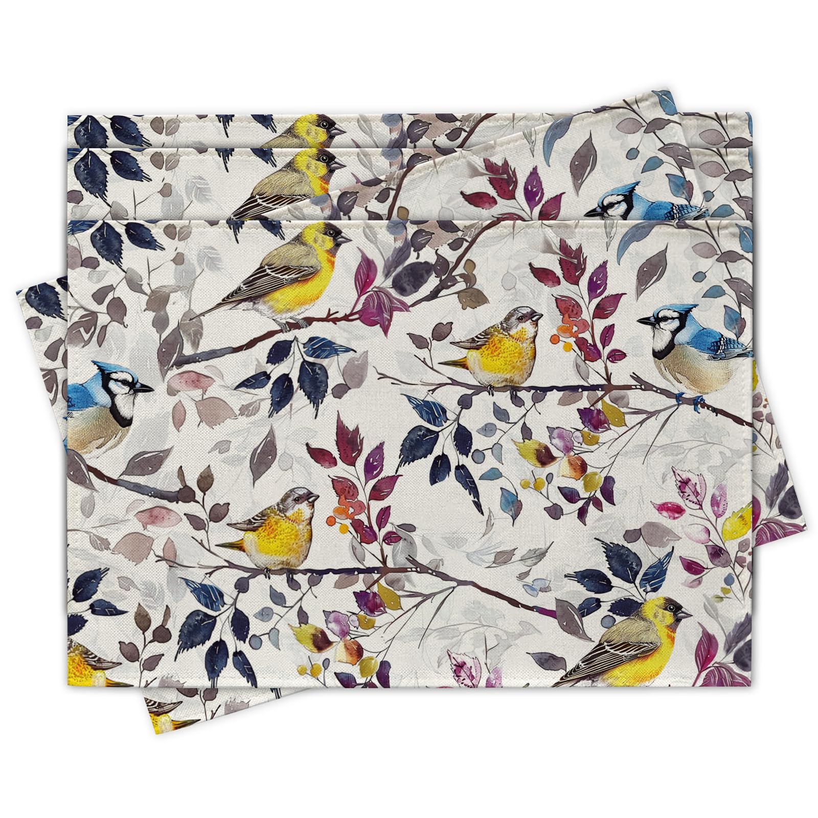 

Farmhouse Birds Placemats Set of 4, Watercolor Goldfinch Robin Bluebird Plant Leaves Dining Place Mats Table Decor 4Pcs-12 X18
