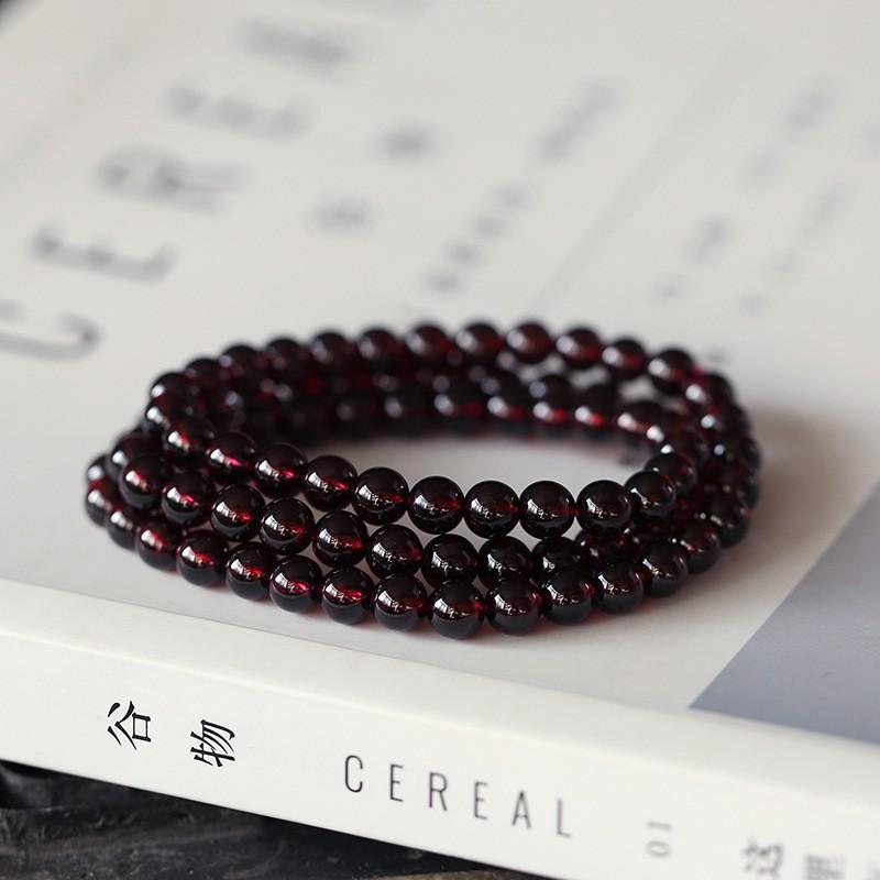 Natural Garnet Bracelet Women Handmade Triple Wrap 5mm Wine Red Boho Ethnic Style Jewelry A1, 3-wrap, 5mm wine-red garnet