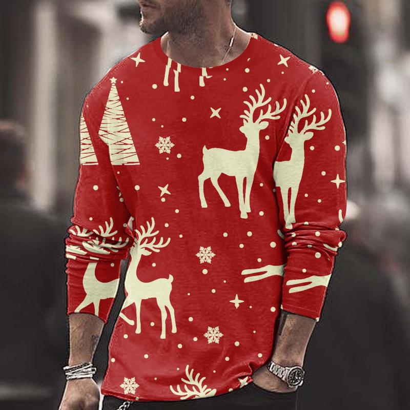 Summer Round Neck Christmas 3D Print Top Fashionable Casual Long Sleeved Men's T-shirts