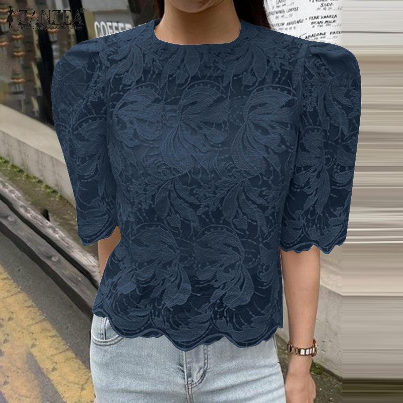 ZANZEA Damen Casual Lace Patchwork Sommer Kurzarm Bluse