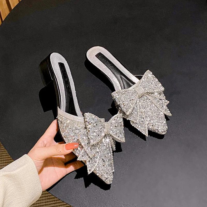 Women Pointed Toe Thick Heel Slippers Summer Women's Outdoor Shoes Fashion Bow Sequin Low Heel Sandals Size Women Shoes 35-43