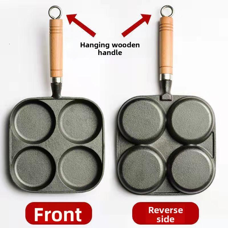 Four-hole Cast Iron Fried Egg Pan, Uncoated Non-stick, Universal for Induction Cooker and Gas Stove