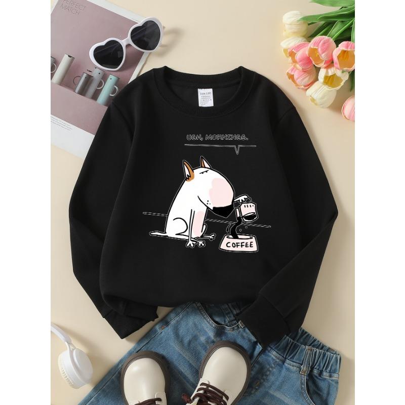 European sizes Girls' Long-Sleeve Round Neck Sweatshirt "Funny Dog Coffee" Print, Spring/Autumn, Casual, Daily & Sports.