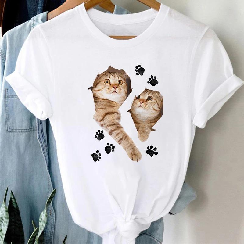 Harajuku Women's Short Sleeve T Shirt Casual White Tops Female Clothing T-shirt Cat Print Ladies Gothic Tshirts