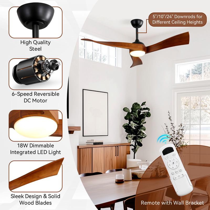 Sofucor Solid Wood  Ceiling Fan with LED Light, Remote Control, DC Power Supply, 132 cm, Timer, For Bedroom and Living Room