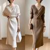 JINJUDUO Long Knit Midi Long Cute and Perfect for Special Beige Women's Dress, Length, Sleeve, Cache-Coeur, Elegant, Occasions, White, Brown, Spring,