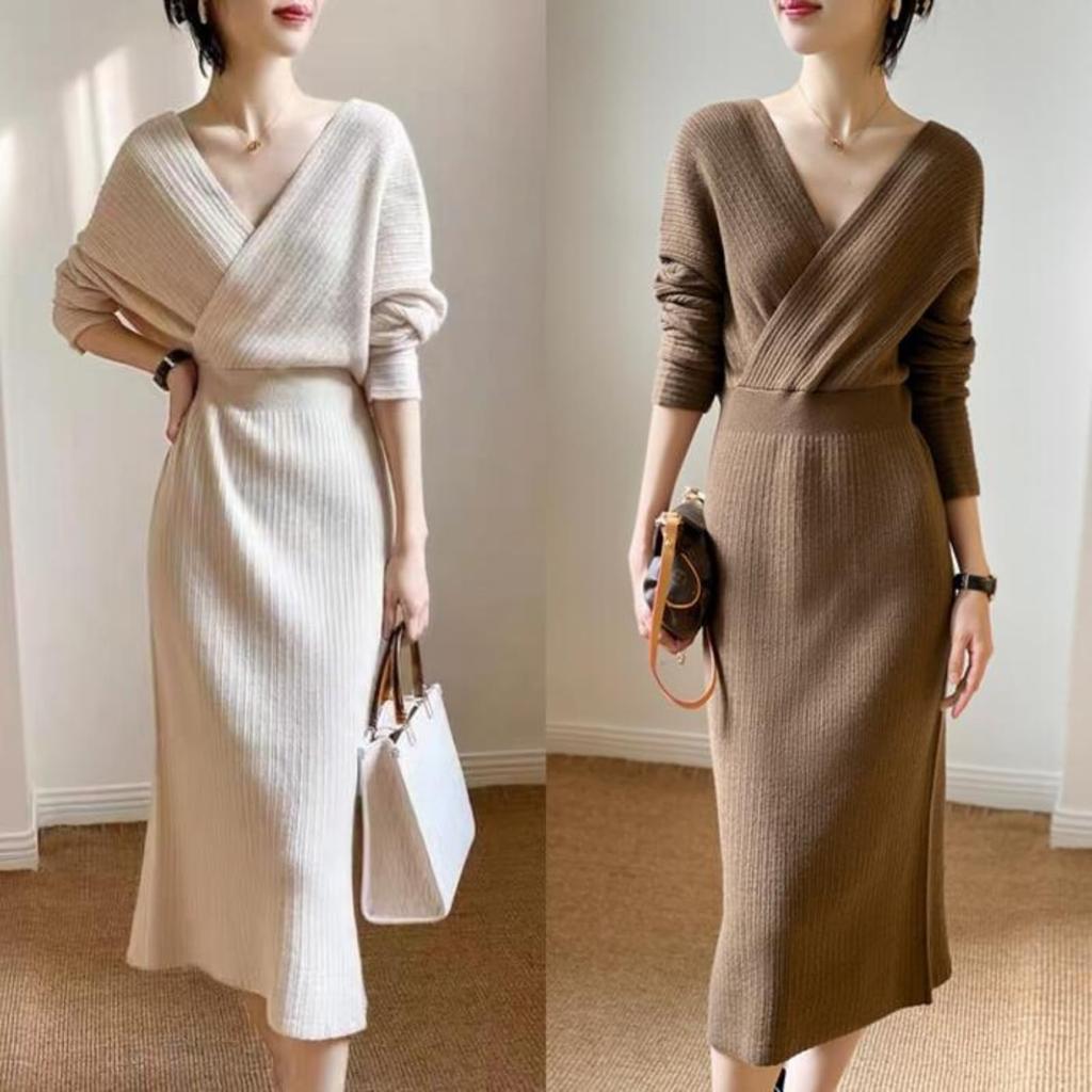 JINJUDUO Long Knit Midi Long Cute and Perfect for Special Beige Women's Dress, Length, Sleeve, Cache-Coeur, Elegant, Occasions, White, Brown, Spring,
