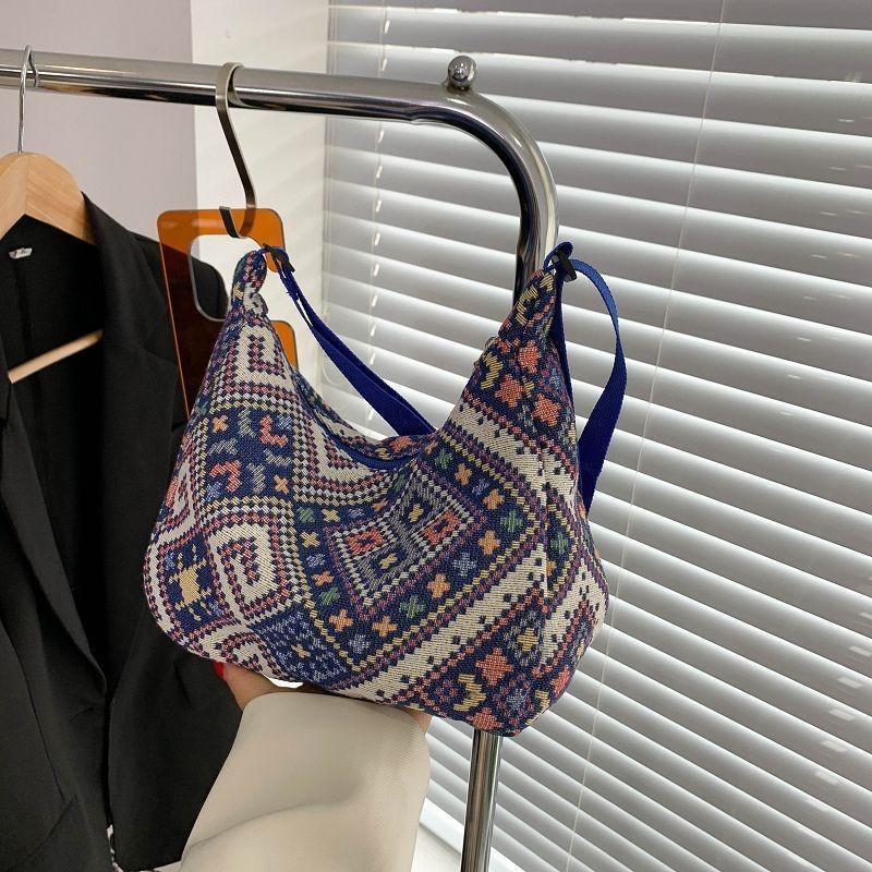 Ethnic Style Women's Small Bag 2024 Summer New Casual Bag Hand-held Lady Single Shoulder Underarm Lady Small Square Bag Black Deep Blue Floral Purple
