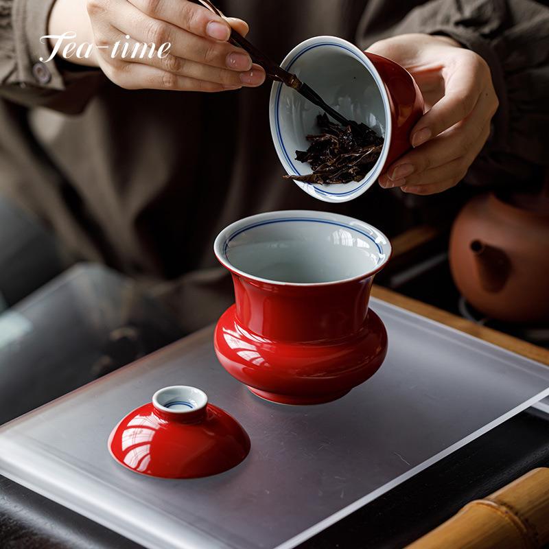 Hand Painted Ceramic Jianshui Forbidden City Red Tea Washing Bowl Residue Jar Water Bucket Chinese Big Pretty Bowl Tea Ceremony