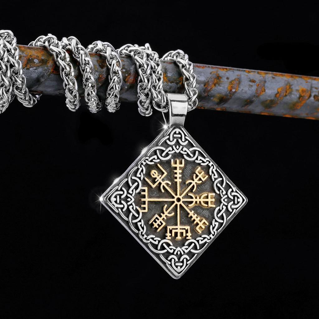 Colar masculino estilo nórdico viking com bússola runas totem quadrado pingente vintage aço inoxidável odin celtas nó colar joias
