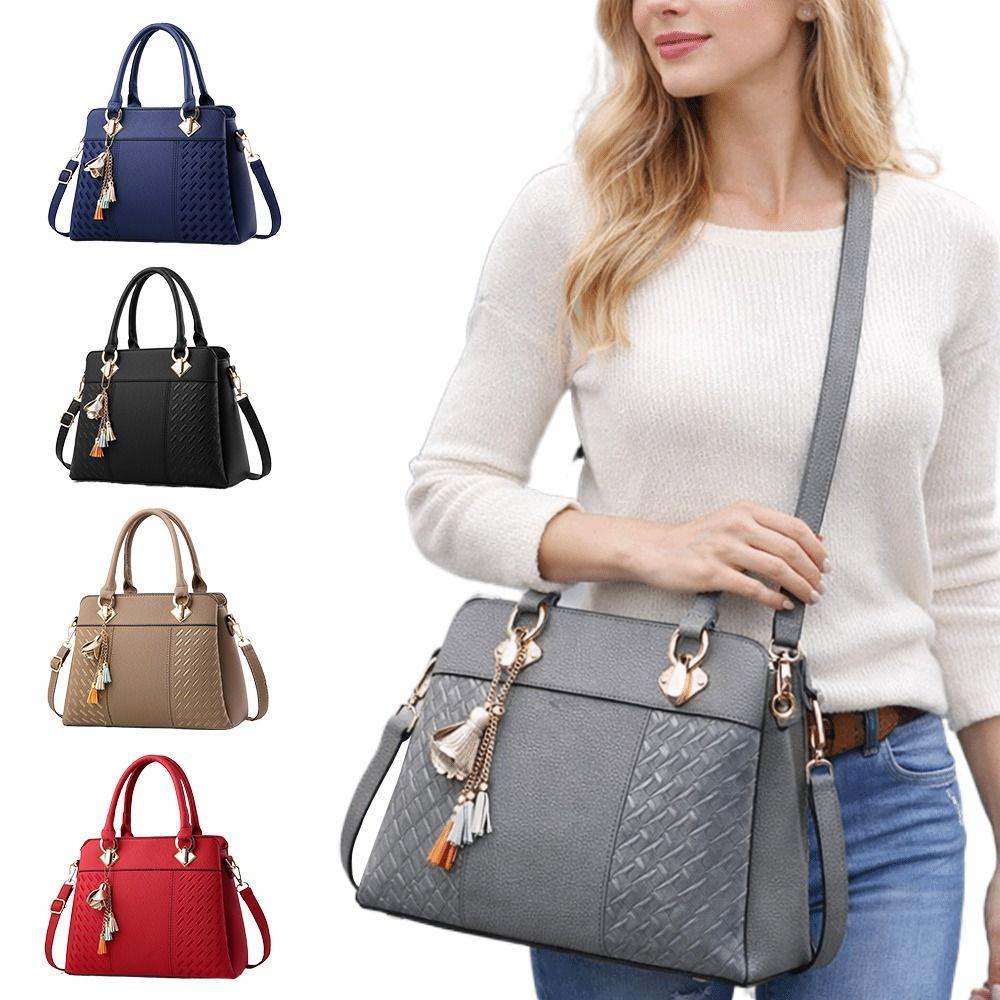 Simple PU Leather Shoulder Bags with Pendant Large Capacity Embossed Crossbody Bag Solid Color Female Messenger Bag