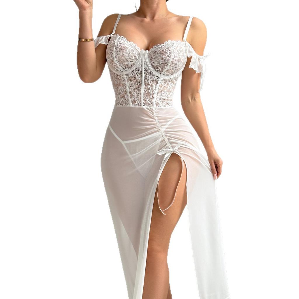 European and American Large-size Erotic Underwear New Year's Long Dress with Split Ends and Buttocks, Sexy Perspective