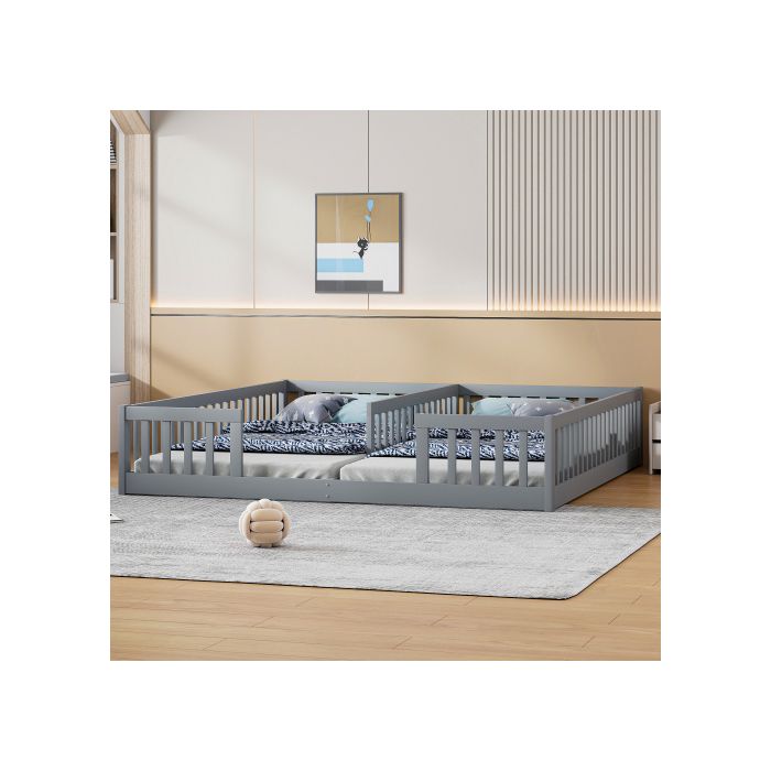Lit rembourré, 90 x 200 cm, lit d'enfant avec rampe, avec sommier à lattes (sans matelas) gris