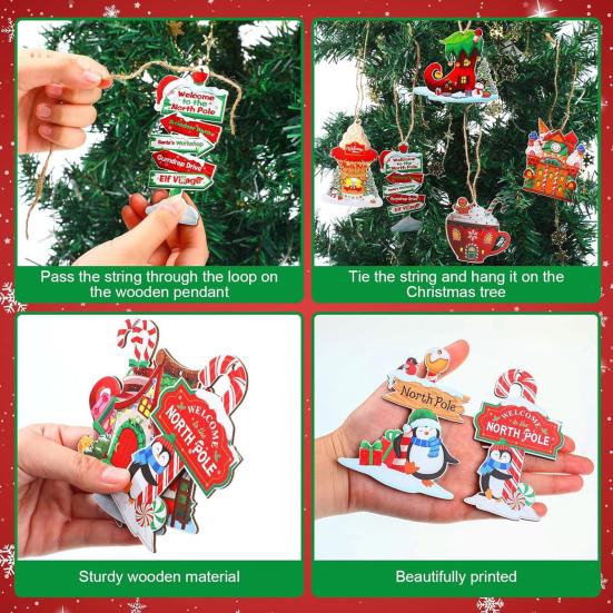 Yousheng 12/24/36Pcs Christmas Wooden Hanging Decoration Farmhouse Rustic Holiday Party Winter Xmas Tree North Pole Hanging Ornament Sign