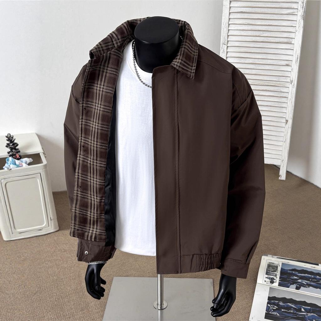 Vintage Vintage Checked Spliced Jacket Men's Autumn Maillard Fake Two-piece Jacket Lapel Short Baseball Jersey