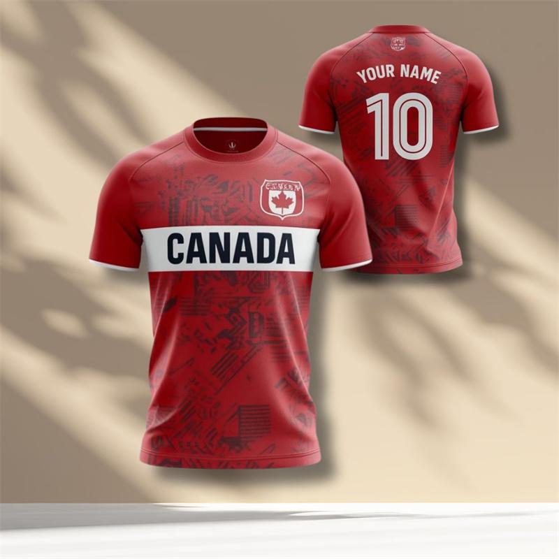 Red Maple Leaves Print Design Canada Football T-shirt Unisex Round Neck Breathable T Shirts Custom Name Number Sport Quick Dry