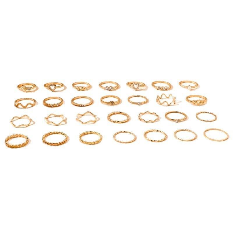 28 PCS Alloy Stackable Ring Set Shiny Rhinestone Heart Star Design Trendy Jewelry for Women Daily Wear Party Gift