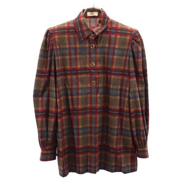 Givenchy Old Check Pattern Long Sleeve Half Button Shirt 9 Brown Women Used