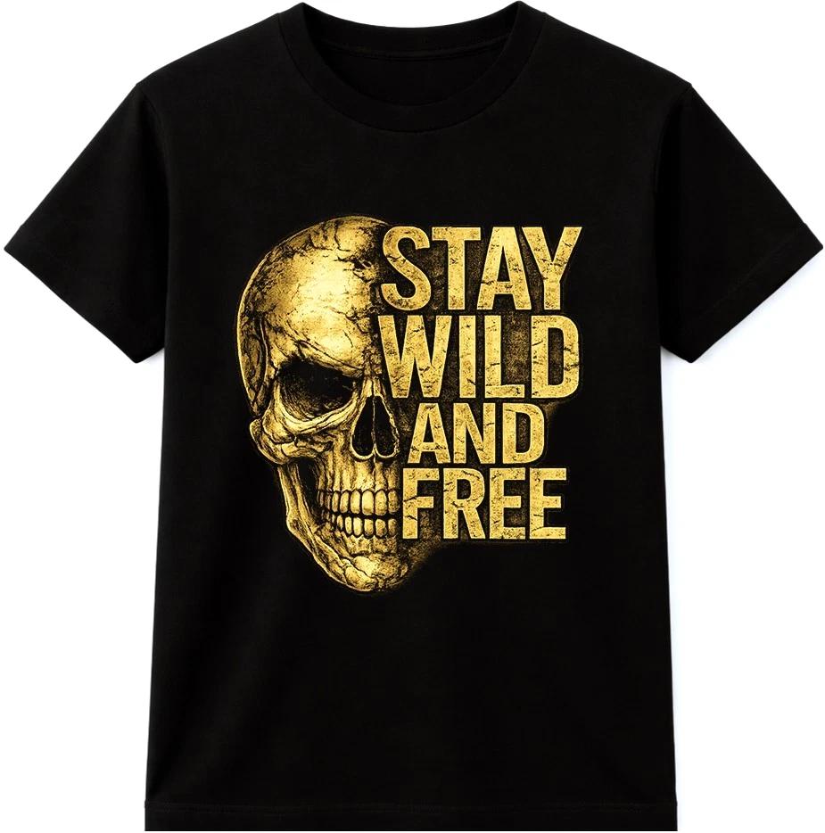 Skull T Shirt Stay Wild And Free Tattoo Biker Gothic Vintage Gold Tee S