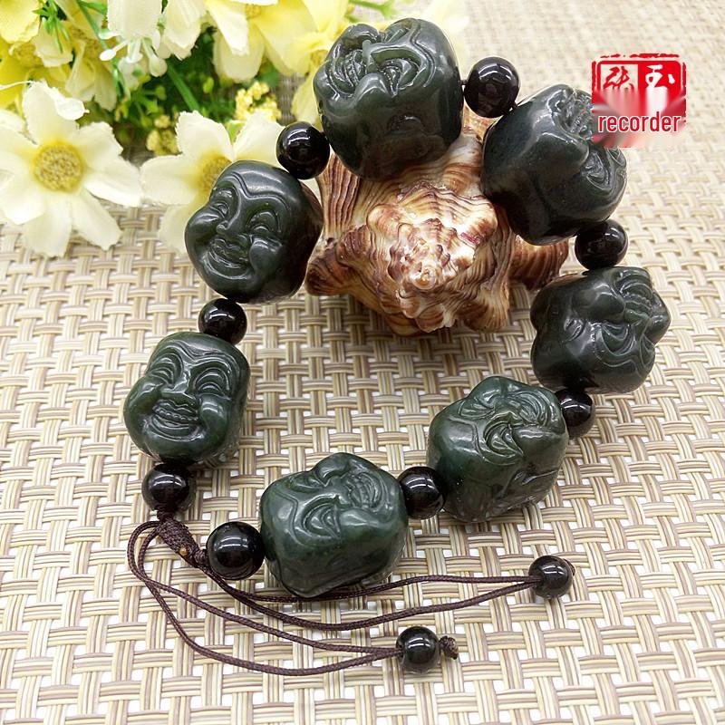 Certified Hetian Jade Double-Sided Buddha Head Prayer Beads Bracelet