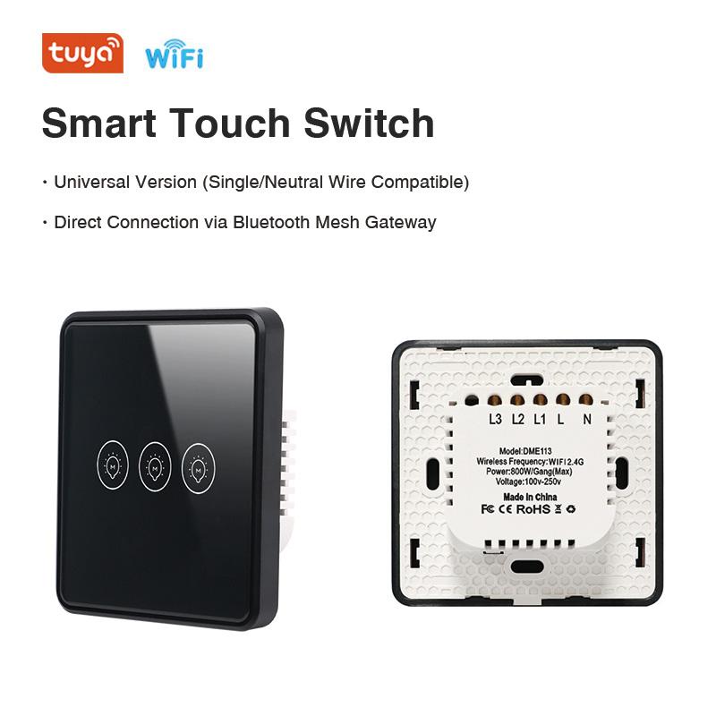 Home Smart Automation Tuya 3 Gang Touch Wall Switch WiFi Gateway Universal Neutral & Single Wire Light Controller 1 gang&Eu Standard