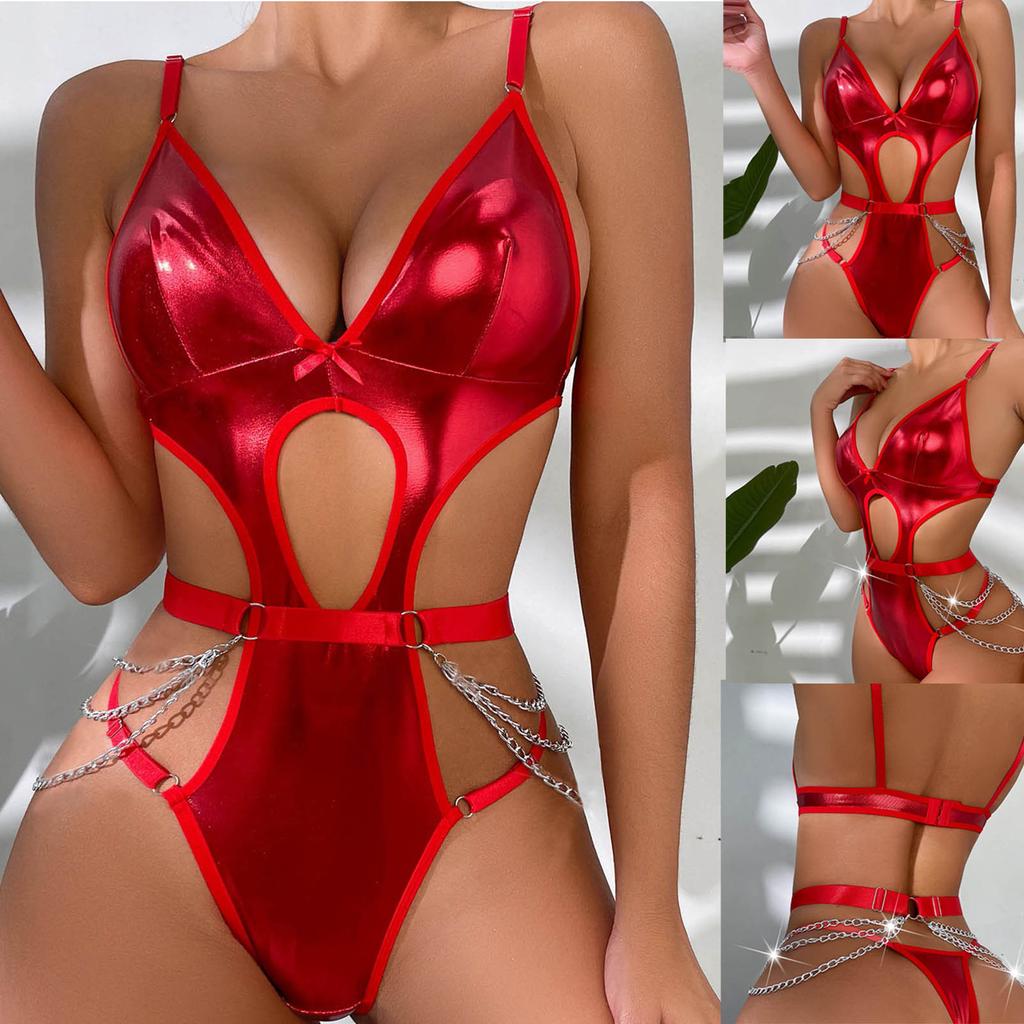 Porn Sexy Lingerie Latex Bodysuit Women Underwear Hollow Out PU Leather Bodysuit Erotic Lingerie Chain Bondage Teddy Bodys Mujer