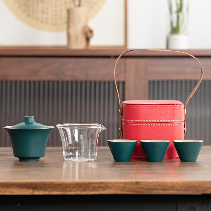 Light Luxury Travel Tea Set Cover Bowl Kuaike Three Cups Outdoor Portable Handbag High-end Ceramic Glass Tea Maker Gift